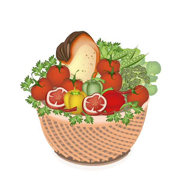 gezondheid en voeding plantaardige en voedsel in mand - Vector, afbeelding