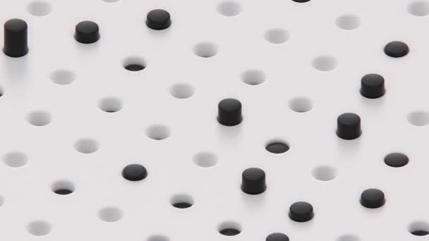Απρόσκοπτα looping ισομετρικοί μαύροι κύλινδροι τυχαία ταλαντεύεται σε τρύπες στη λευκή επιφάνεια. Κινούμενο φόντο. - Πλάνα, βίντεο