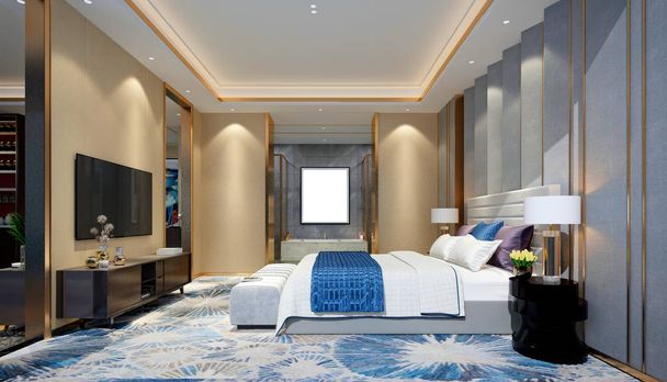 3D καθιστούν σύγχρονο ξενοδοχείο σουίτα υπνοδωμάτιο - Φωτογραφία, εικόνα