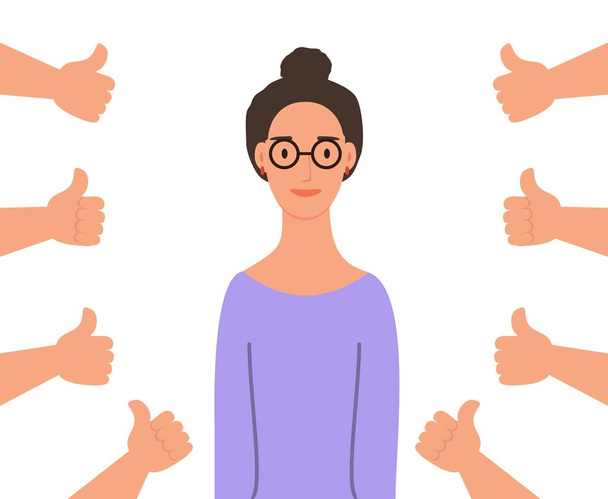 Smiling happy young woman surrounded by hands with thumbs up. Concept of public approval, acknowledgment, acceptance and appreciation. - Vector, Image