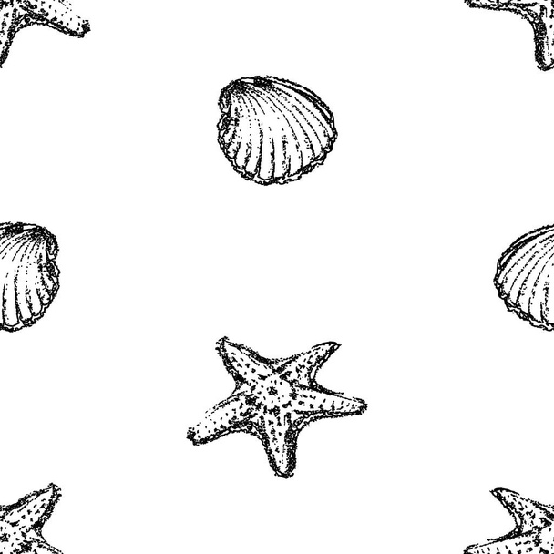 Seamless pattern of outlines seashells and sea stars - Vector, afbeelding