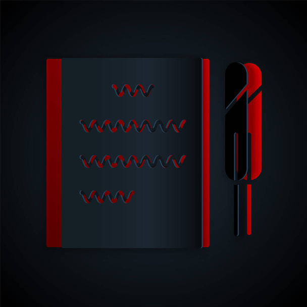 Corte de papel Pluma pluma y papel icono de desplazamiento aislado sobre fondo negro. Estilo de arte de papel. Ilustración vectorial
 - Vector, imagen