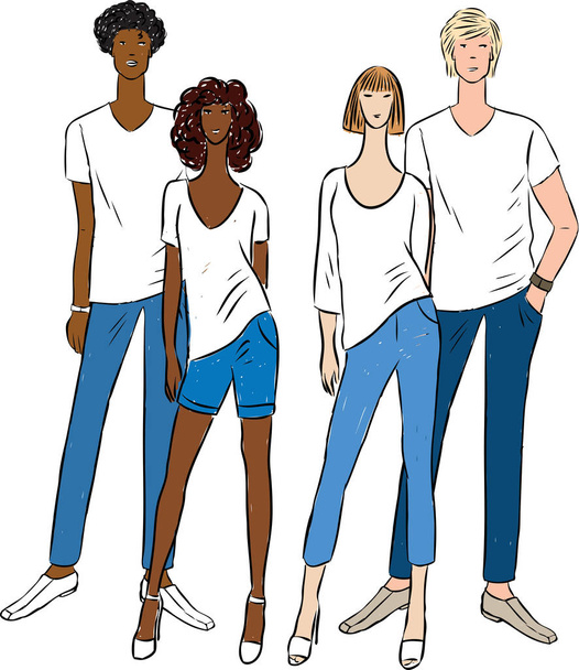 Vektor-Illustration junger Menschen in sommerlicher Baumwoll-Jeans-Kleidung - Vektor, Bild
