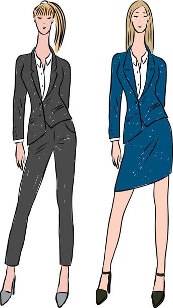 Wektorowy wizerunek młodych szczupłych kobiet w kostiumach biznesowych - Wektor, obraz
