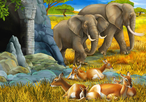 子供のための牧草地のイラストにアンテロープや象の家族と漫画サファリシーン - 写真・画像