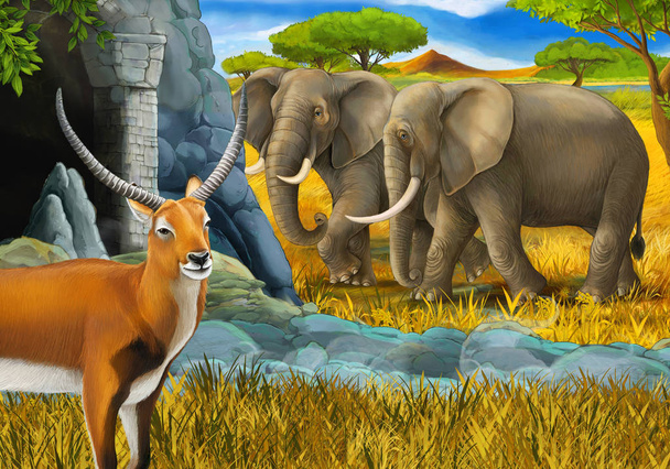 σκηνή σαφάρι κινουμένων σχεδίων με την οικογένεια των αντιλόπων και ελέφαντα στην απεικόνιση λιβάδι για τα παιδιά - Φωτογραφία, εικόνα