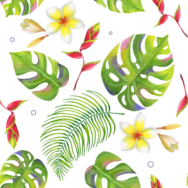 Bright and rich tropical seamless pattern with geometric elements, leaves and flowers of jungle plants: monstera, palm leaves, plumeria, heliconia on white background - Photo, Image