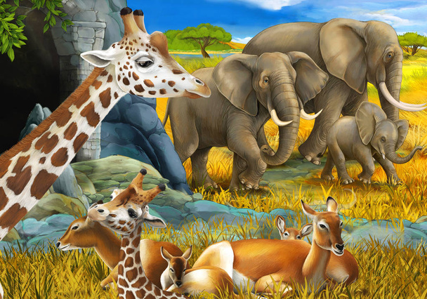 kreslená scéna se safari zvířaty žirafa antilopa a slon na louce ilustrace pro děti - Fotografie, Obrázek