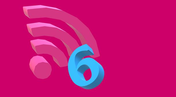 Technologické zdroje Wifi 6 zóna symbol Wlan, izolované. Vysoká účinnost bezdrátové. Síť nové generace. 3D ilustrace. Logo, text a blok na pozadí kombinující vínovou barvu a modrou. - Fotografie, Obrázek