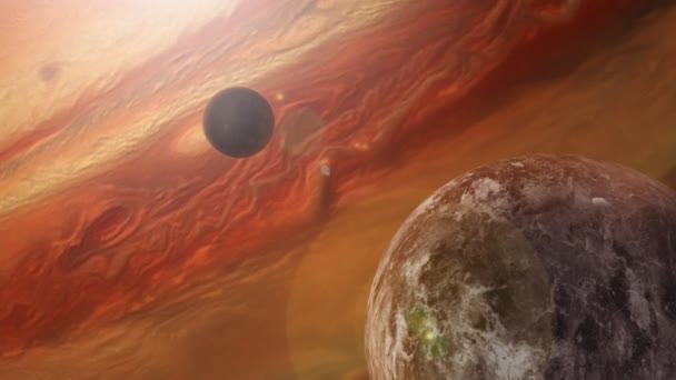 Piros tér bolygók halad (4k) Animáció mutatja forgó piros bolygó és a hold a világűrben. Futurisztikus égi kép a sci-fi-ből. Ez a sima 3D animáció készült 4k. - Felvétel, videó