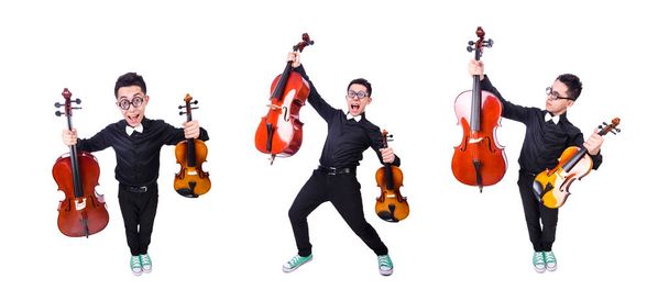 Hombre divertido con violín en blanco - Foto, Imagen