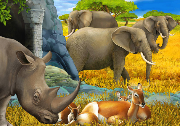 Zeichentrickszene mit Nashorn-Antilope und Elefant auf der Wiese Illustration für Kinder - Foto, Bild