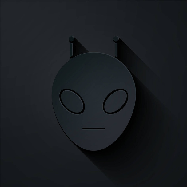 Corte de papel Icono alienígena aislado sobre fondo negro. Cara extraterrestre alienígena o símbolo de cabeza. Estilo de arte de papel. Ilustración vectorial
 - Vector, imagen