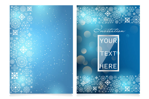 Beautiful hand drawn Christmas and New Year invitation card set with copy space for your text. Openwork vector snowflakes on a blue shining glitter bokeh background for design cards, invitations. - Vector, afbeelding