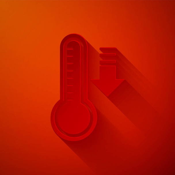 ペーパーカット赤の背景に隔離された熱と冷たいアイコンを測定する気象温度計。高温または低温を示す温度計機器。紙のアートスタイル。ベクターイラスト - ベクター画像