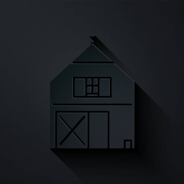 Řez papíru Farm House koncept ikona izolované na černém pozadí. Rustikální zemědělská krajina. Papírový styl. Vektorová ilustrace - Vektor, obrázek