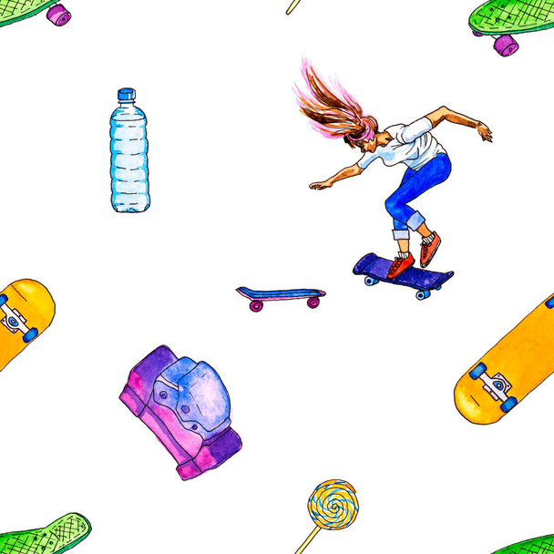 Hand drawn watercolor female skateboarder, cruisers, lollipop, water and knee pad in a seamless pattern (isolated on white background) - Foto, immagini