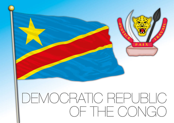 Kongói Demokratikus Köztársaság hivatalos nemzeti zászló és címer, vektor illusztráció, afrikai ország - Vektor, kép