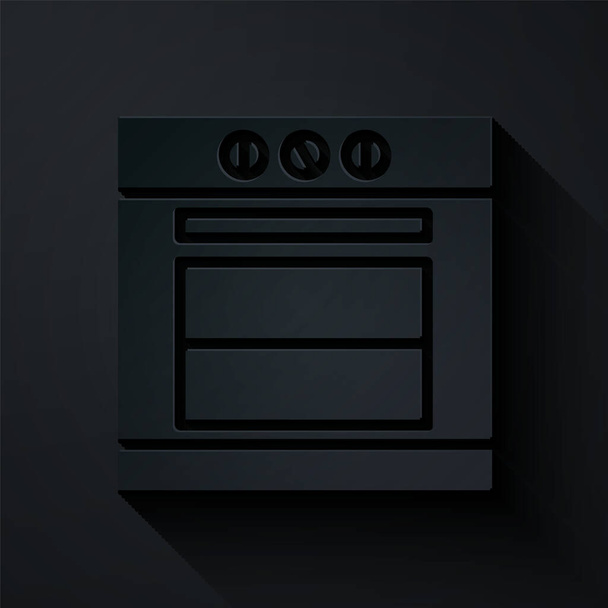 Icona Forno tagliato carta isolato su sfondo nero. Fornello a gas segno forno. Stile cartaceo. Illustrazione vettoriale - Vettoriali, immagini