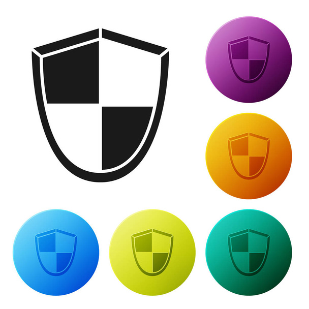 Black Shield icon isolated on white background. Guard sign. Security, safety, protection, privacy concept. Set icons colorful circle buttons. Vector Illustration - Wektor, obraz
