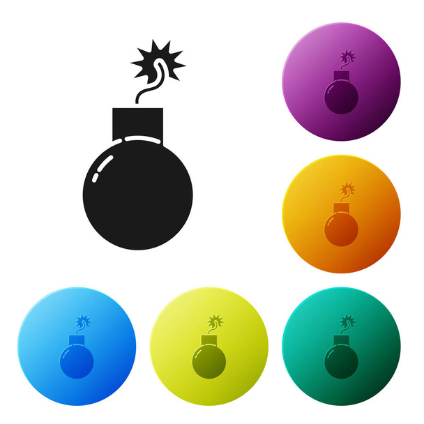schwarze Bombe bereit zur Explosion Symbol isoliert auf weißem Hintergrund. setzen Symbole bunte Kreis-Tasten. Vektorillustration - Vektor, Bild