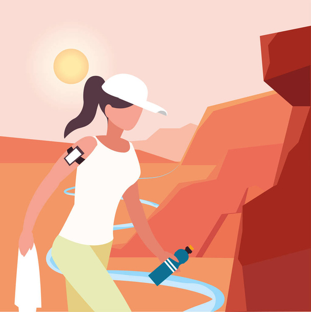 Mujer excursionista con teléfono inteligente y diseño de vectores de paisaje
 - Vector, Imagen