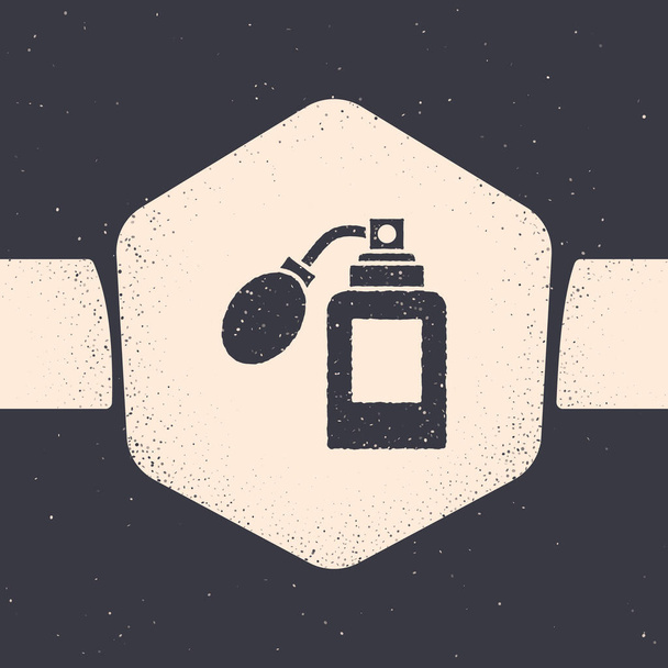 Grunge tıraş losyonu şişesi ve gri arka planda izole edilmiş atom ikonu. Parfüm spreyi ikonu. Erkek parfüm şişesi. Tek renkli klasik çizim. Vektör İllüstrasyonu - Vektör, Görsel