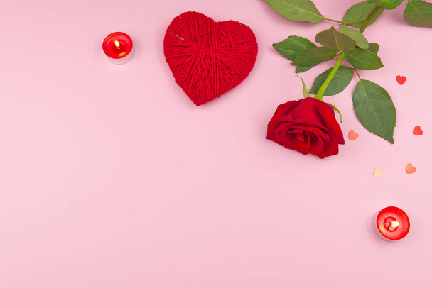 St. Valentine's day concept on a pink background with decorations. The concept of the St. Valentine's day, weddings, engagements, Mother's Day, birthday, New Year, Christmas and other holidays. Flat f - Photo, Image