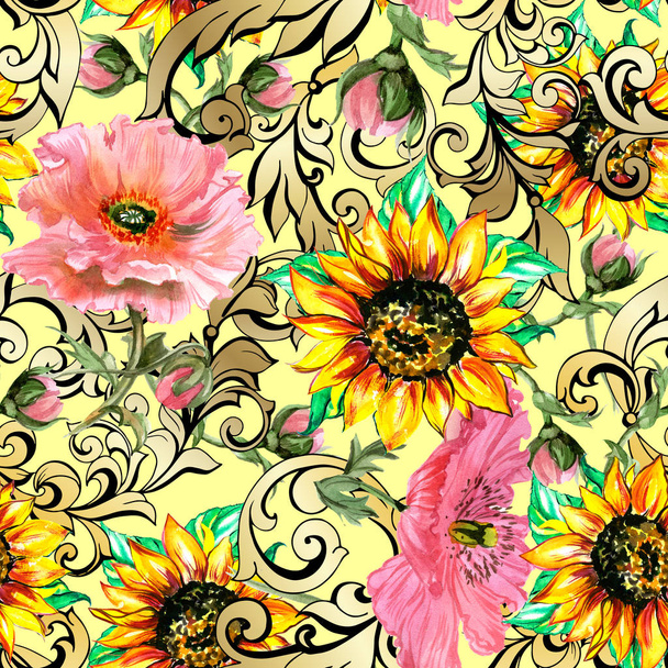 Sunflowers with poppies.Seamless pattern. - Foto, imagen