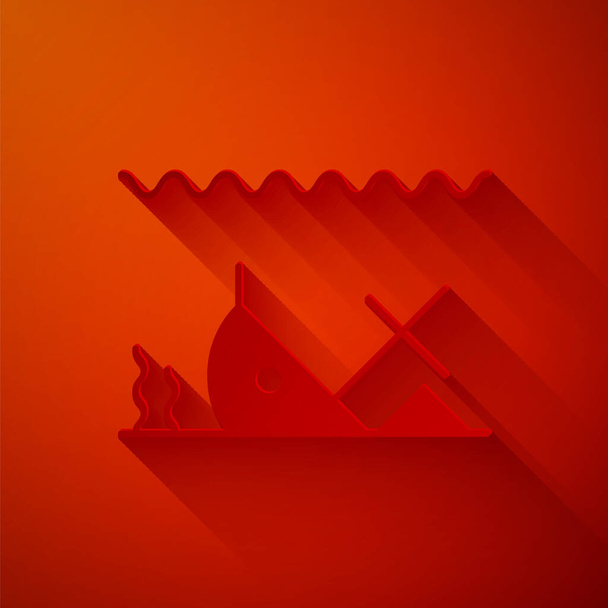 Paper cut Sunken ship at the bottom of the sea icon isolated on red background. Paper art style. Vector Illustration - Vector, Image