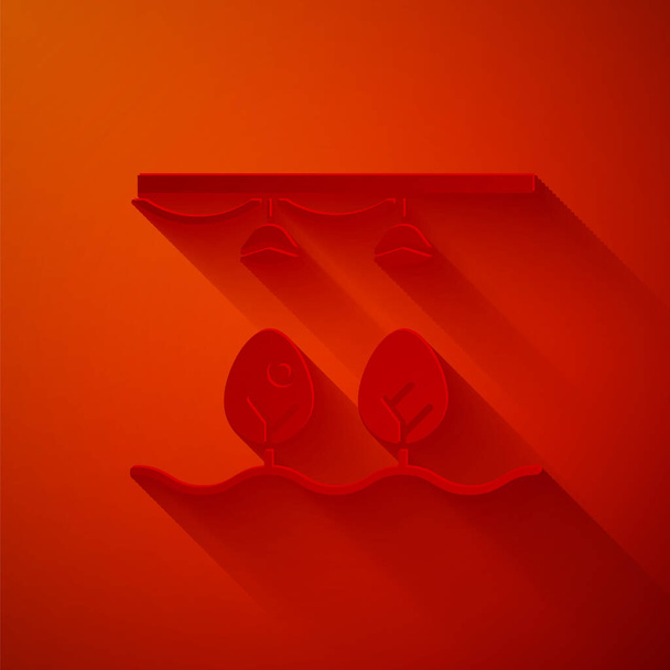 ペーパーカット赤い背景に孤立電球と植物のシンボルアイコンとスマートファーム。紙のアートスタイル。ベクターイラスト - ベクター画像