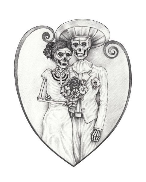 Kunst Paar Hochzeit in Liebe Schädel Tag des Todes. Hand Zeichnung auf Papier. - Foto, Bild