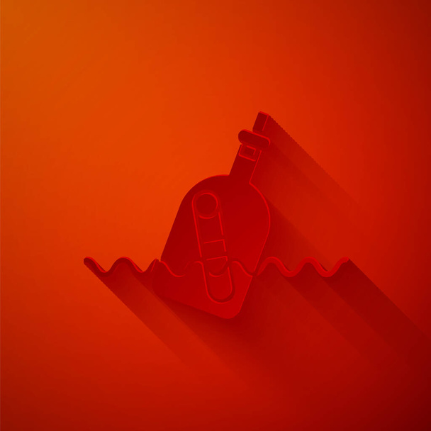 Papel cortado Garrafa de vidro com uma mensagem no ícone de água isolado no fundo vermelho. Carta na garrafa. Símbolo dos piratas. Estilo de arte de papel. Ilustração vetorial
 - Vetor, Imagem