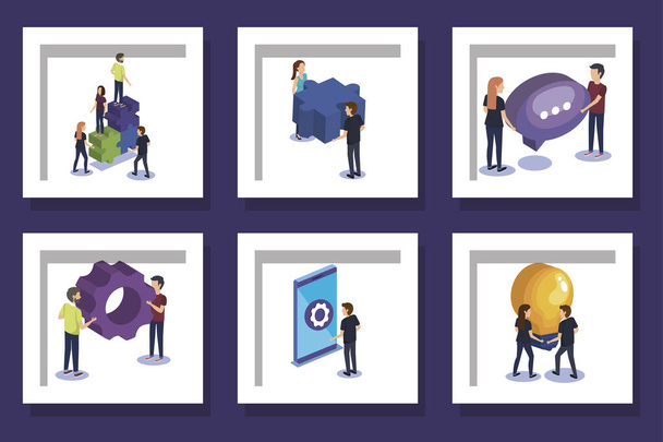 designs set teamwork with people and icons - Vector, Image