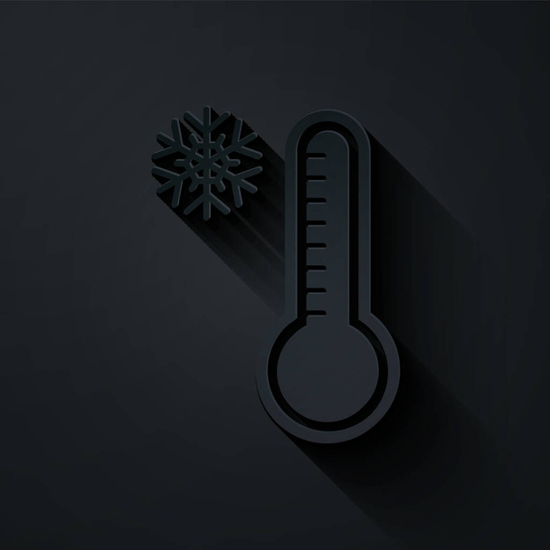 Papier geschnitten Meteorologie Thermometer zur Messung von Hitze und Kälte Symbol isoliert auf schwarzem Hintergrund. Thermometerausrüstung, die heißes oder kaltes Wetter zeigt. Papierkunst. Vektorillustration - Vektor, Bild