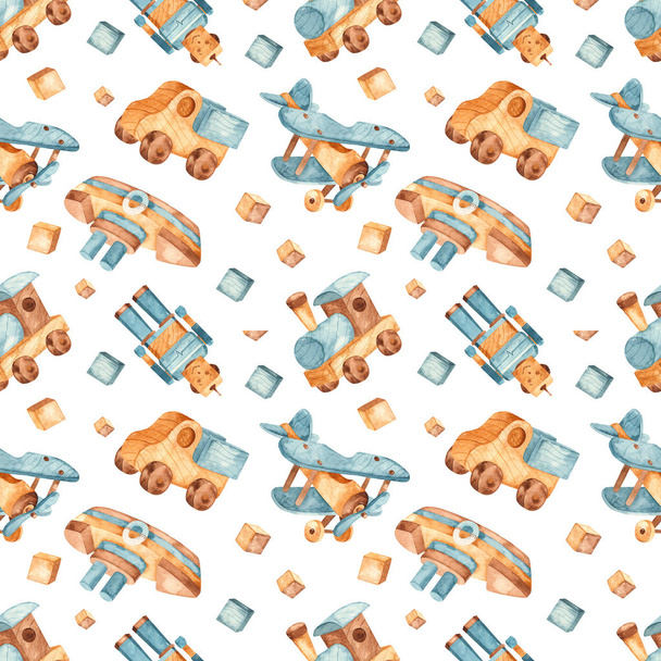 Watercolor seamless pattern with wooden toys, transport and robot - Photo, image