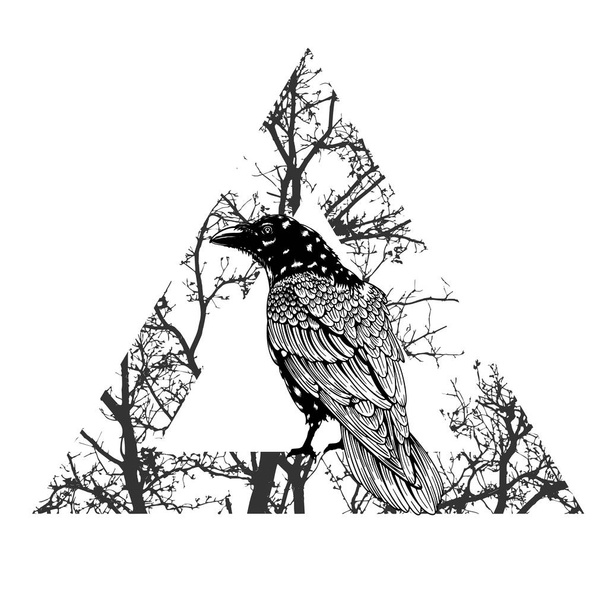Graphic black and white crow isolated on white background. Old and wise bird. Raven Halloween character. Hand drawn sketch style vector illustration. tree branch silhouette. - Vector, Image
