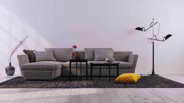 Dekoratív háttér otthon, iroda és szálloda. Modern belsőépítészet nappali kanapé és modern belső részletek fehér fal háttér. - Fotó, kép