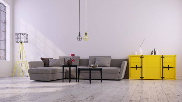 Dekoratív háttér otthon, iroda és szálloda. Modern belsőépítészet nappali kanapé és modern belső részletek fehér fal háttér. - Fotó, kép