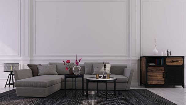 dekorativer Hintergrund für Haus, Büro und Hotel. modernes Interieur-Design Wohnzimmer Sofa und moderne Interieur-Details auf weißem Wandhintergrund. - Foto, Bild