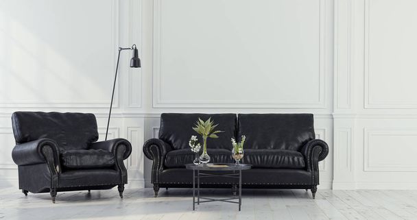 Dekoratív háttér otthon, iroda és szálloda. Modern belsőépítészet nappali kanapé és fotel fekete bőrben, modern belső részletekkel a falon háttér. - Fotó, kép