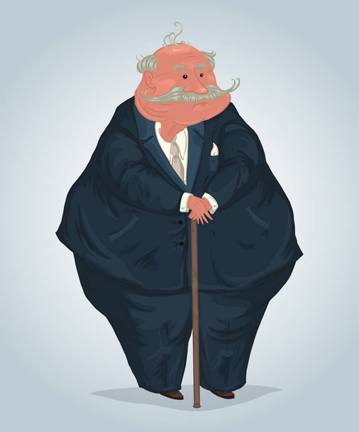 Ritratto di uomo d'affari anziano con baffi e bastone, indossa abito blu scuro. Carattere del cartone animato del banchiere. Affari, finanza, denaro. Illustrazione vettoriale - Vettoriali, immagini