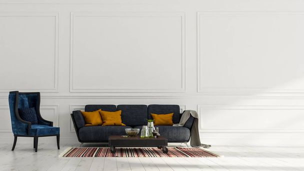 Design intérieur moderne d'un salon à l'intérieur appartement, maison, bureau, canapé doux, fleurs fraîches et détails intérieurs modernes sur un fond de mur blanc
. - Photo, image