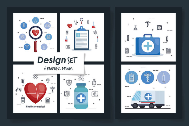 six designs of healthcare medical set icons - Vector, Image