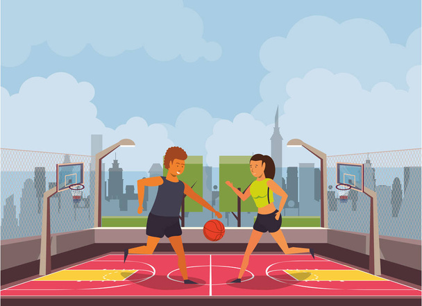 jeune couple athlètes jouant au basket-ball avec ballon
 - Vecteur, image