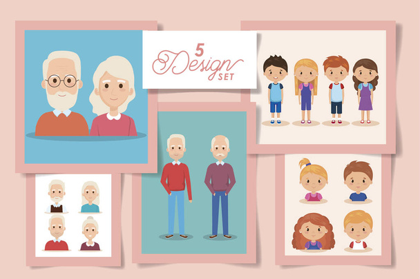 cinco desenhos de avós com netos
 - Vetor, Imagem