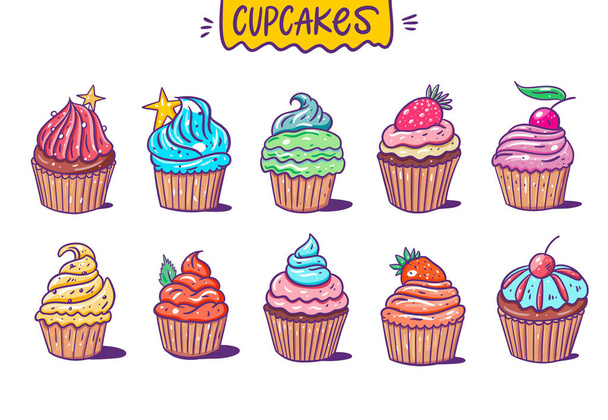 Sweet Ten Cupcakes big set collection. Vector illustration. Cartoon style. Isolated on white background. - Vector, Image