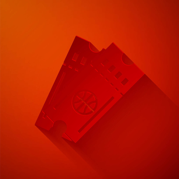 Corte de papel ícono del boleto del juego de baloncesto aislado sobre fondo rojo. Estilo de arte de papel. Ilustración vectorial
 - Vector, Imagen