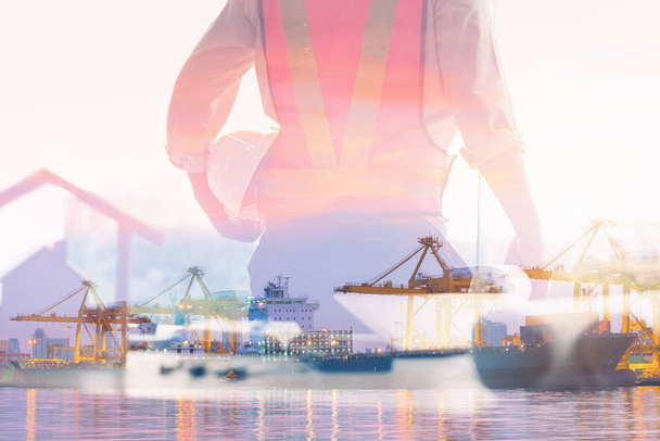 Double Exposure of Engineer in Safety Equipment on Shipping Terminal Industry Background, Technician Man Operator of Handling Container Shipment Freight. Business Transportation and Logistics Industry - Photo, Image