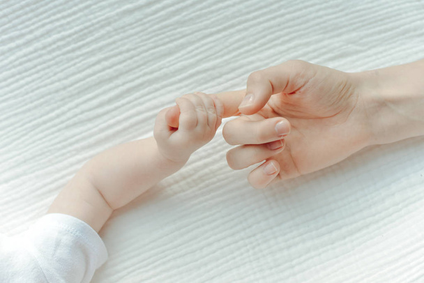 Newborn children's hand in mother hand. Mom and her Child. Happy Family concept. - Foto, Imagem